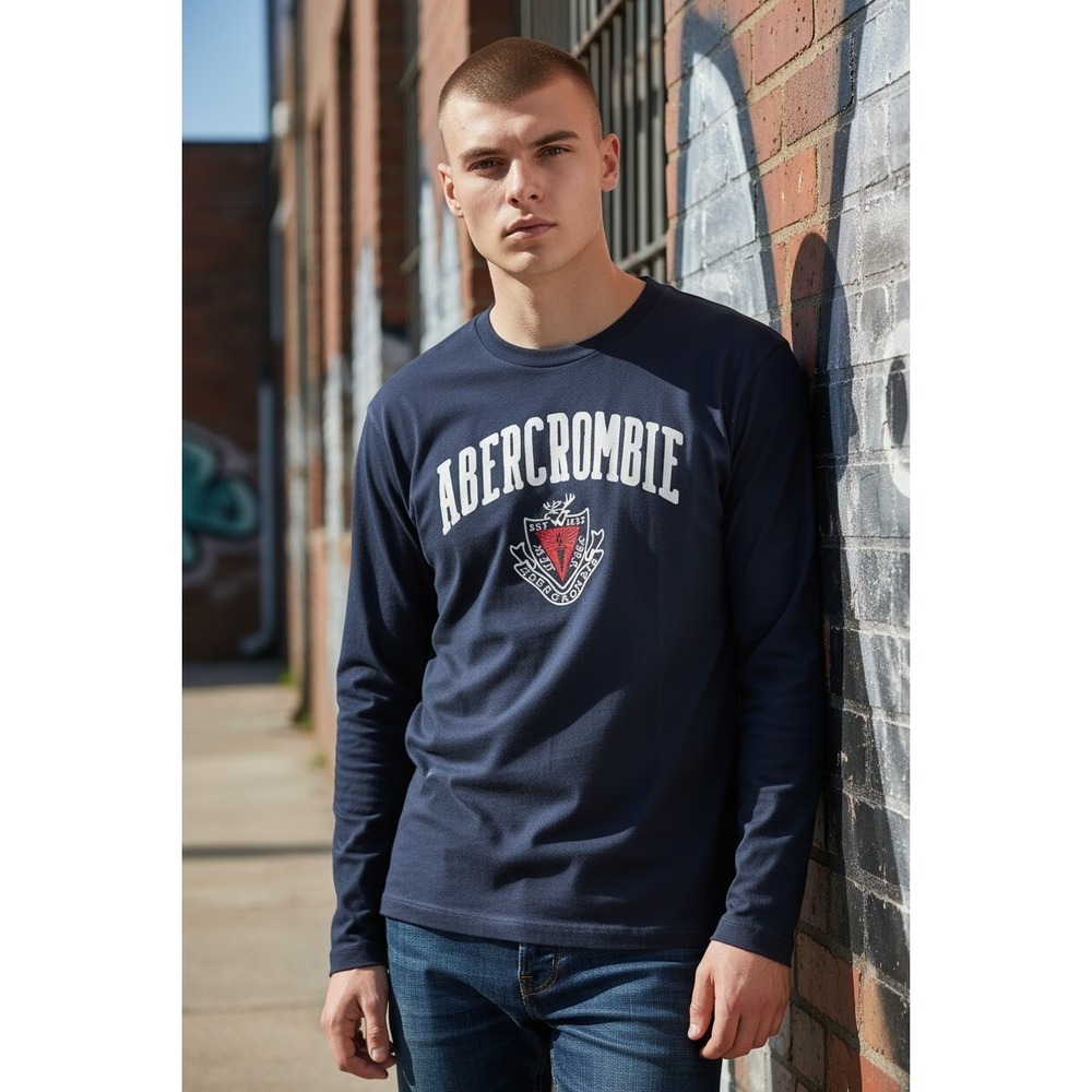 VTG Y2K Kids Abercrombie & Fitch Navy Blue Graphic Crest T-Shirt SZ 13/14